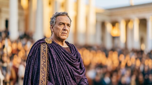 Mature man dressed as a Roman emperor in a luxurious purple toga, exuding a commanding and authoritative presence in front of a sizable crowd