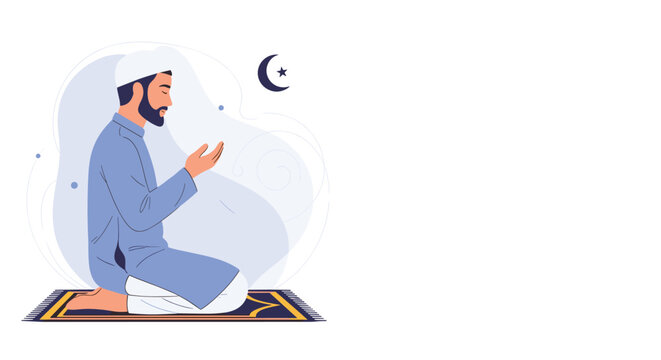 Devout Muslim man sitting on a traditional prayer rug and praying with hands raised, set against a peaceful abstract night sky with a crescent moon.
