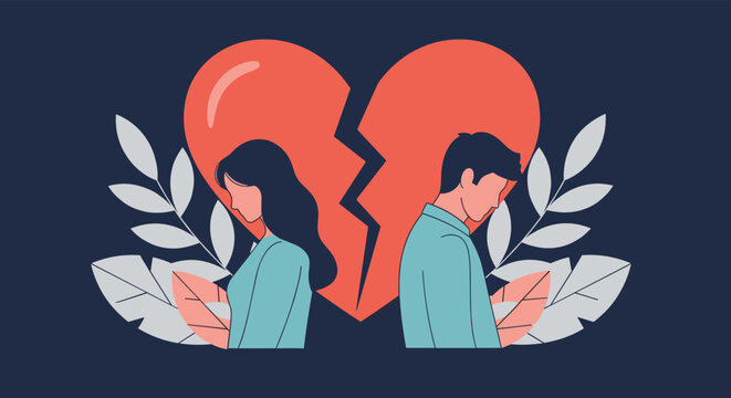 Sad young couple standing back to back against a giant broken red heart symbol, representing heartbreak, breakup, and relationship problems.