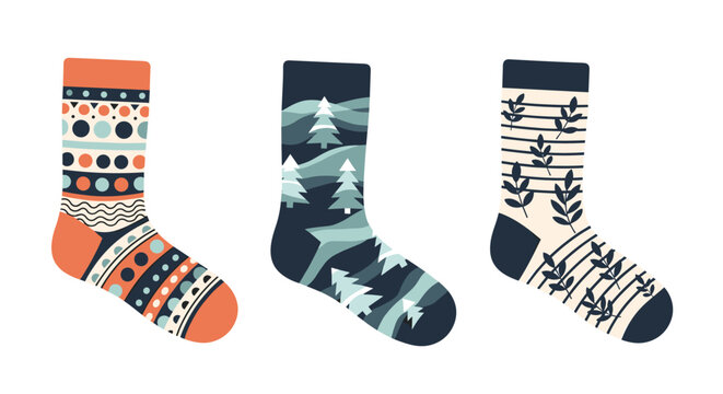 Stylish collection of three socks featuring unique patterns with geometric shapes, snowy pine trees, and delicate leaf illustrations.