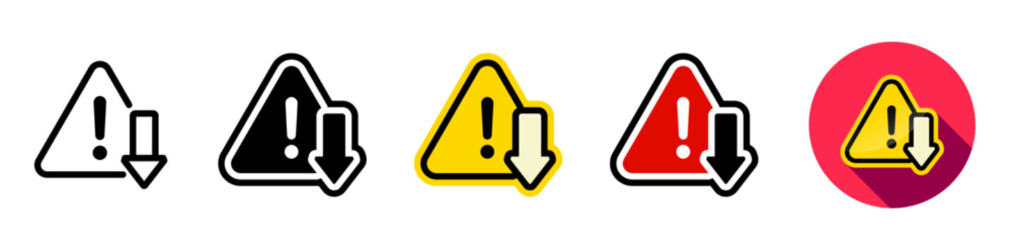 Low urgency status warning icon collection. Diverse down arrow caution, decrease arrow, alert Symbol icons. Editable vector illustration