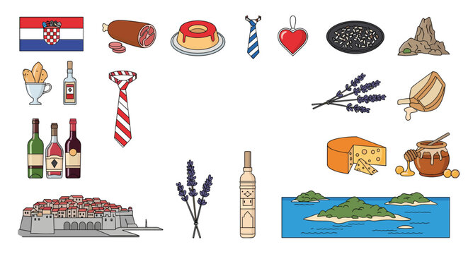 Collection of various items representing Croatian culture including the national flag, smoked meats, wine, cheese, and lavender.