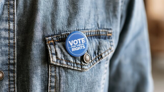Blue Vote For Your Rights campaign button pinned to a denim shirt pocket, emphasizing people's rights and democratic participation