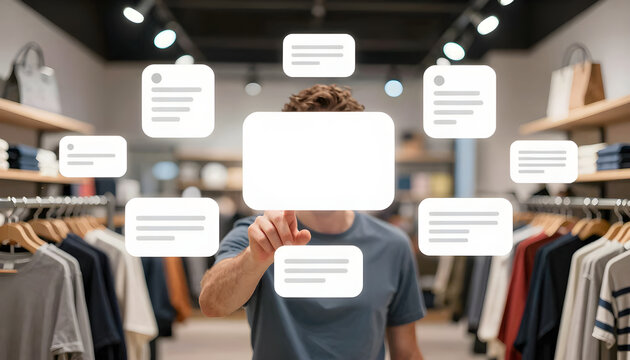A Caucasian shopper interacting with floating textless abstract UI nodes in a modern clothing store. Extreme micro-contrast.