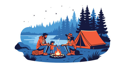 Flat style vector illustration of family camping outdoors with tent and campfire, adventure and bonding activity in nature setting © daniel