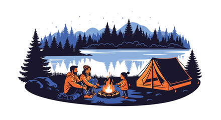 Flat style vector illustration of family camping outdoors with tent and campfire, adventure and bonding activity in nature setting © daniel
