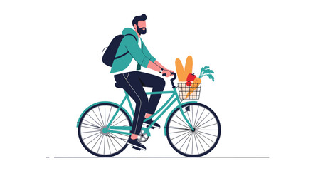 Fototapeta premium Young man riding a stylish turquoise bicycle with a front basket full of fresh groceries like bread and healthy vegetables.