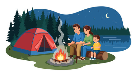 Flat style vector illustration of family camping outdoors with tent and campfire, adventure and bonding activity in nature setting © daniel