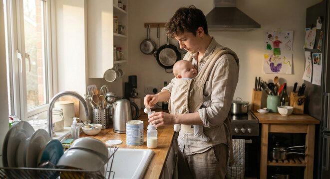 Young father carrying his sleeping baby while preparing a formula bottle in the kitchen.