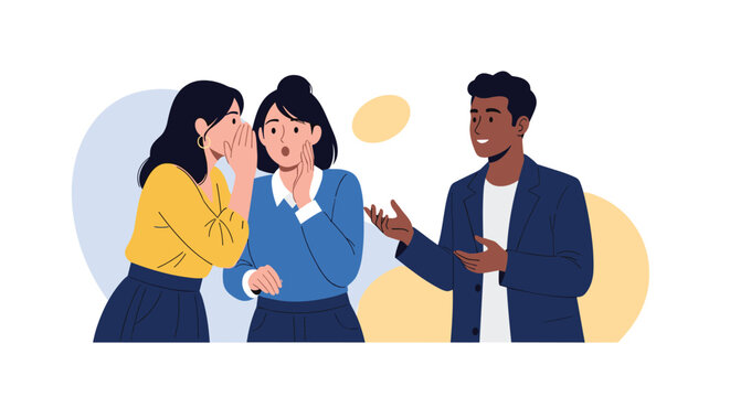 Interesting social situation showing two women whispering secrets and gossiping about a man who is standing nearby.
