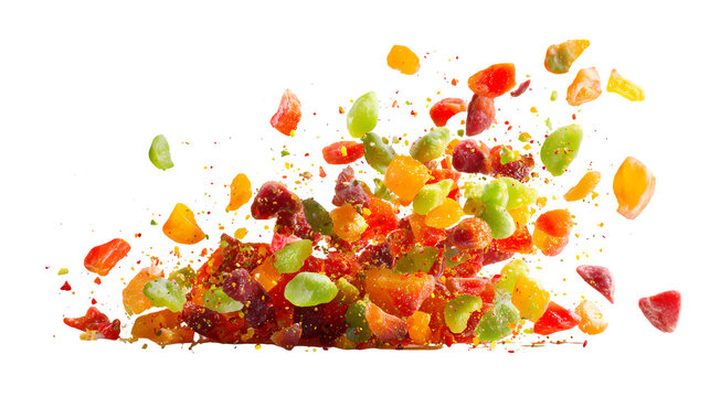 Colorful candied fruit pieces flying and splashing isolated on transparent background.