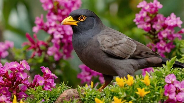  Indian Myna among colorful tropical flowers ai