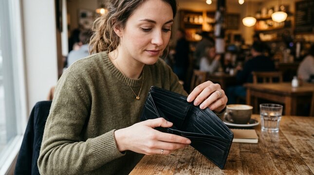 Woman Opening Empty Wallet &ndash; Financial Struggle, Budget Problems and Money Stress Concept