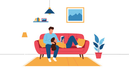 Obraz premium Relaxing home scene featuring a young couple sitting on a red sofa in a cozy living room with one person reading an interesting book.