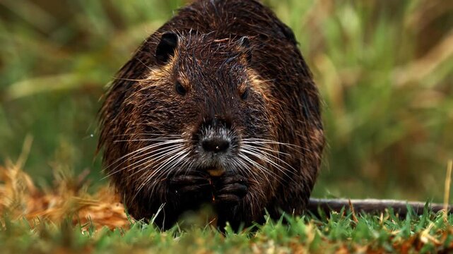 Nutria or coypu close up portrait in natural surroundings