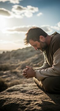 Holy leader supplicate: Gideon character, biblical figure, Old Testament, Israelite judge, divine seek, humble prayer, sacred devotion, dawn light, clasped hand.