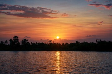 Fototapeta premium Dramatic golden sunset over calm river water with dark silhouette of trees on horizon