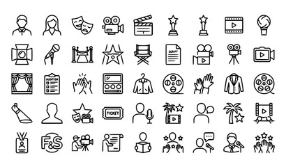 Fototapeta premium Actor Line Icons Collection with Theater Masks Stars Awards and Cinema Symbols Editable Stroke Vector Set