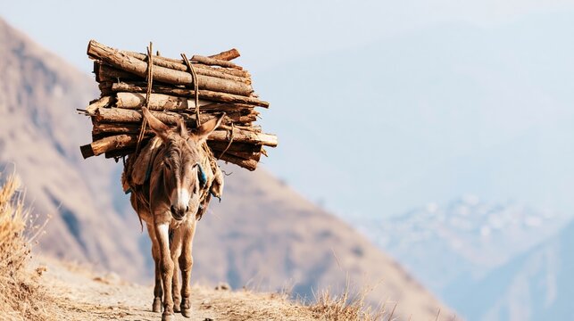 Donkey transporting firewood on its back, walking along a dry mountain path. Demonstrating hard work and rural life