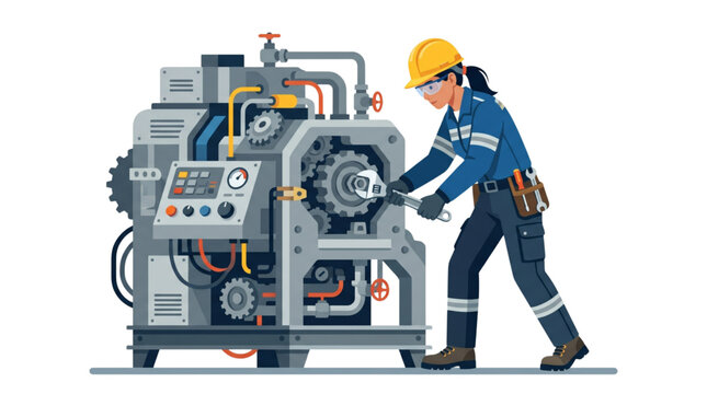 Female mechanic or factory worker repairing heavy industrial machinery with a wrench, flat vector illustration