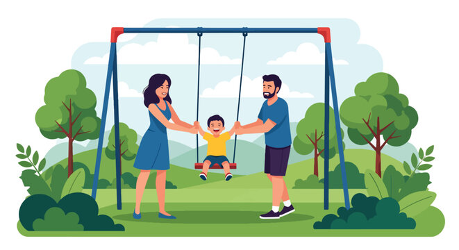 Flat style vector illustration of parent pushing child on swing in playground, joyful bonding moment and outdoor family activity concept