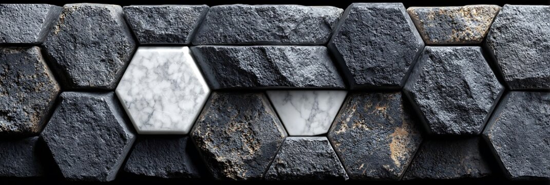 Hexagonal stone wall tiles featuring dark textured basalt blocks contrasted with a single white marble hexagon for modern interior design and architectural cladding