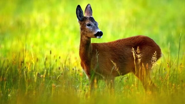 Young roe deer standing in a sunlit green grass field