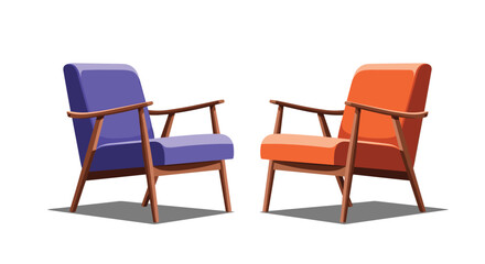 Obraz premium Two stylish mid-century modern armchairs in vibrant purple and orange colors facing each other for a comfortable and cozy conversation area.