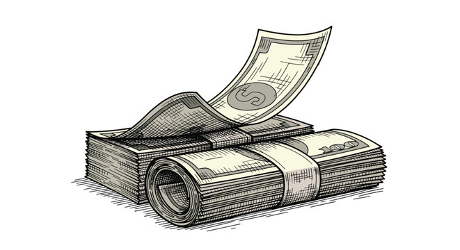 Detailed vintage sketch of a thick stack of dollar bills and a roll of cash representing financial success and personal wealth accumulation.