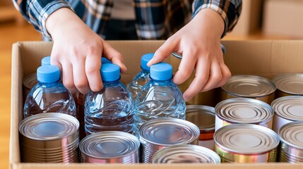 Hands organizing bottled water and canned food in a donation box, delivering humanitarian aid supplies