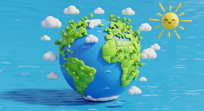 Whimsical 3D Claymation Earth with Smiling Sun and Fluffy Clouds in a Vibrant Blue Sky.