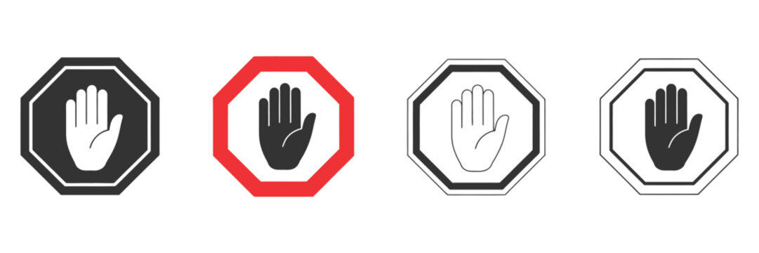 Stop Icon Representing Traffic Control, Hand Gesture, Road Warning Sign, and Regulation Symbol Vector Illustration
