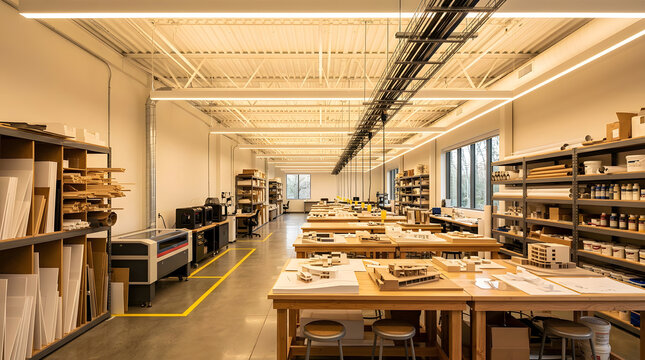 Modern architectural studio workspace | Professional model making workshop interior | Industrial design studio with laser cutter | Creative space for building prototypes