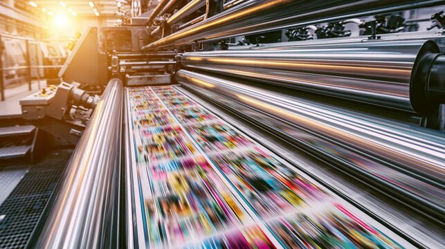 Industrial printing press rapidly producing colorful magazines and newspapers, metallic rollers in motion blur