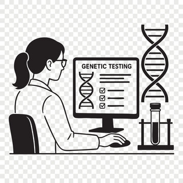 Female doctor scientist using computer for genetic testing research with dna helix model and test tubes