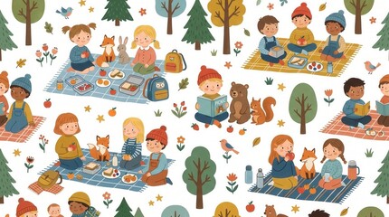 Naklejka premium Young children enjoy autumn picnics and reading with friendly forest animals among colorful trees