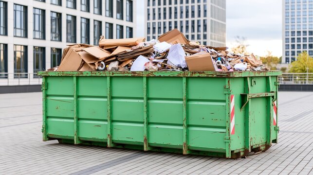 Overflowing green industrial dumpster filled with paper and cardboard waste, illustrating urban recycling challenges
