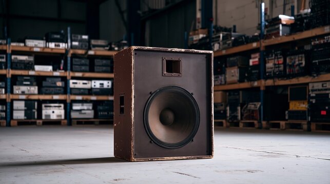 Vintage speaker cabinet standing in industrial warehouse, shelves filled with old audio electronics