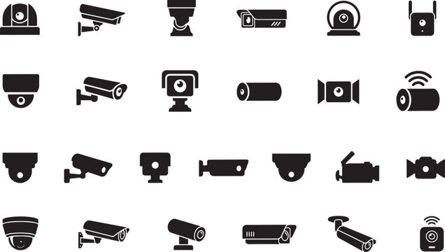 Security Camera. Silhouette vector icon Set