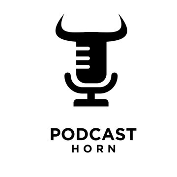 Podcast Horn Logo Design with Stylized Microphone and Bull Horns Icon