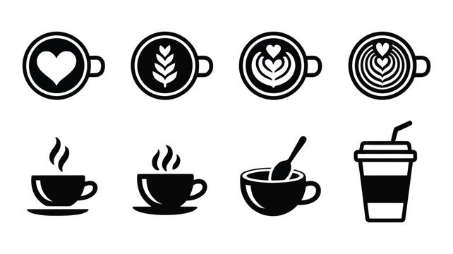 Coffee cup icons, latte art outline symbols, espresso and cappuccino vector illustration, black and white caf&eacute; design.