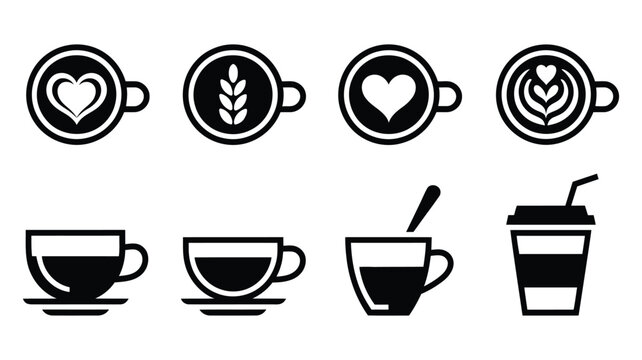 Coffee cup icons, latte art outline symbols, espresso and cappuccino vector illustration, black and white caf&eacute; design.
