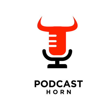 Podcast Horn Logo Design with Bull Horns and Microphone Icon in Red and Black