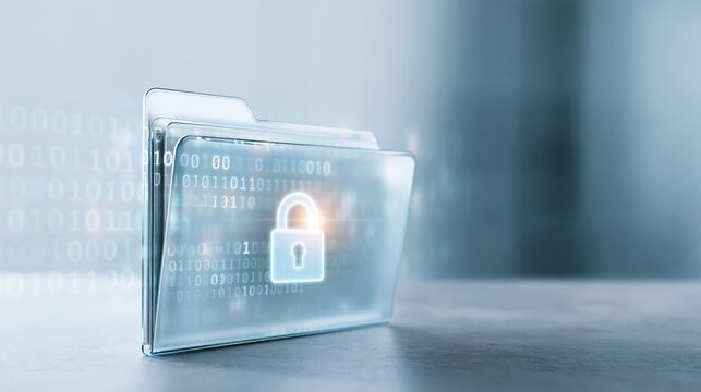 Digital data security concept with glowing padlock icon protecting folder and binary code on futuristic background