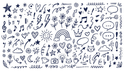 Fototapeta premium Doodle elements vector set featuring hand drawn arrows stars hearts flowers and cute decorative icons
