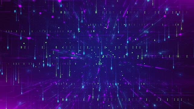 Abstract digital data stream with falling glowing blue particles on purple background.