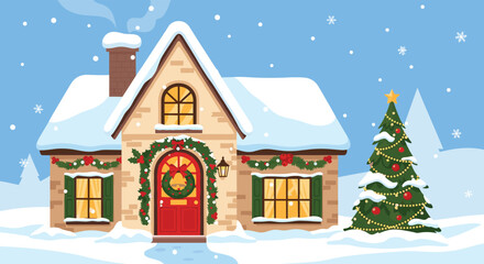 Fototapeta premium Cozy stone house during winter decorated with festive Christmas greenery, wreaths, and a brightly lit tree in a snowy landscape.