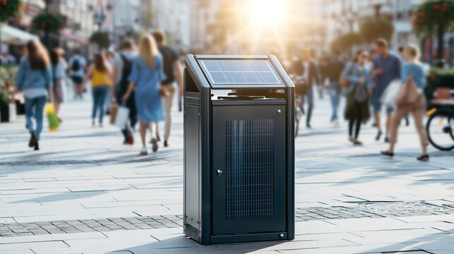 Solar powered smart trash compactor in busy urban pedestrian area, providing sustainable waste management solution