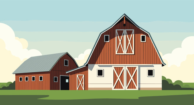 Rural farm scene featuring two red and white barns with classic wooden doors and windows standing in a grassy green field.