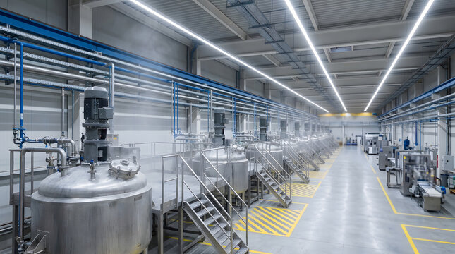 industrial paint manufacturing facility interior | stainless steel chemical mixing tanks in factory | automated production line machinery | modern processing warehouse vats